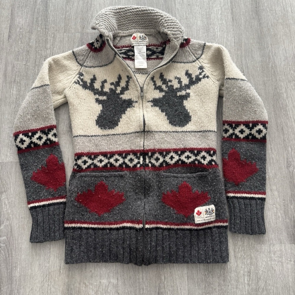 Hudson's Bay 2010 Vancouver Olympics Elk Knit Canada Cardigan Sweater XS Shrunk